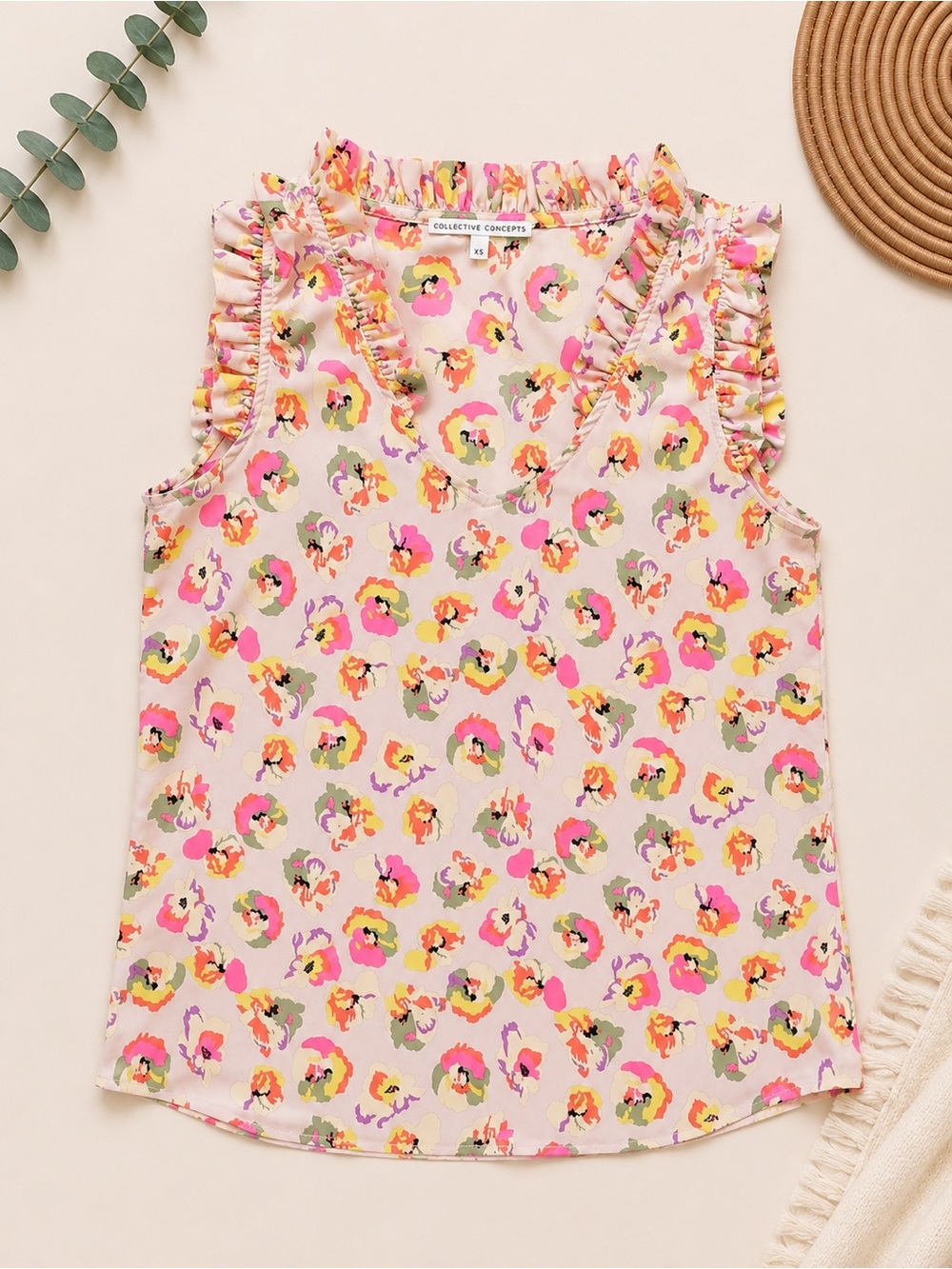 Collective Concepts Pink Floral V-Neck Ruffle Tank